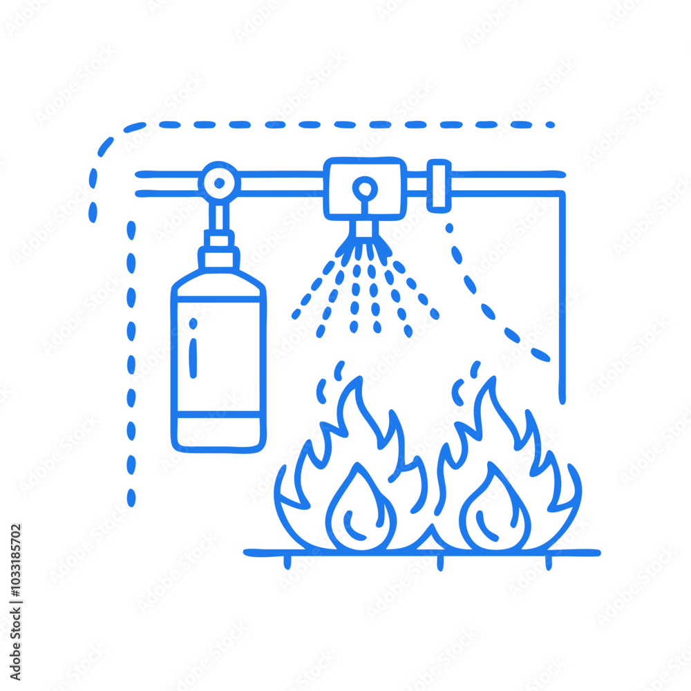 Fototapeta premium Fire safety equipment illustration with blue color, fire extinguisher and flames representation