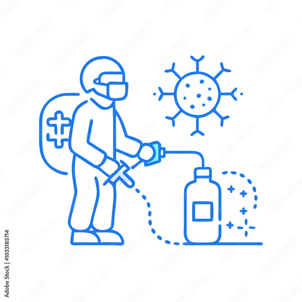 Icon depicting a person in protective gear spraying disinfectant against viruses and germs. Icon depicting a person in protective gear spraying disinfectant against viruses and germs.