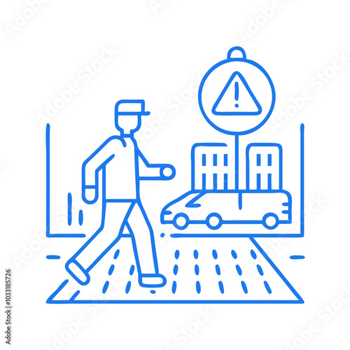 Pedestrian crossing illustration with warning sign and vehicle in blue color