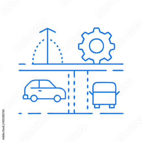 Outline icon representing urban transportation, including cars, streetlights, and gears for infrastructure.
