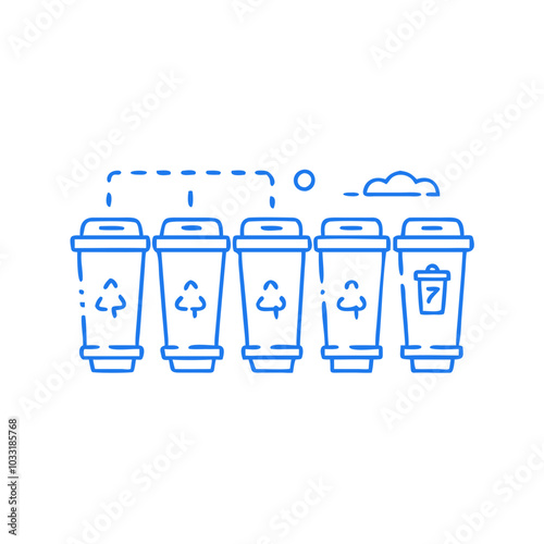 Outline icon of recycling symbols and trash bins for waste management.