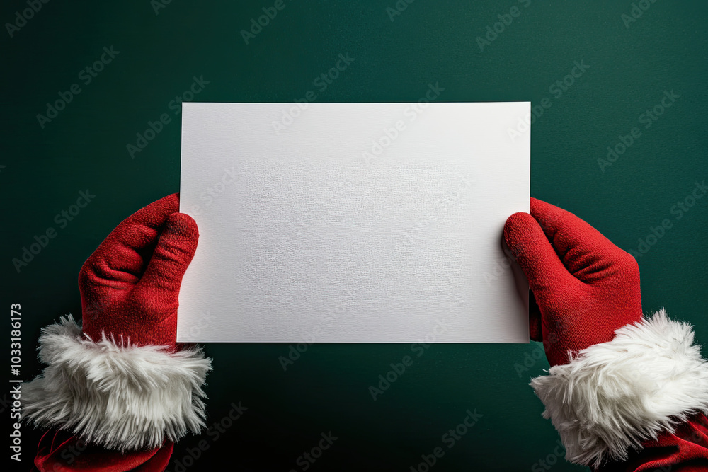 Santa hands hold a blank white sheet Santa hands hold a blank white sheet