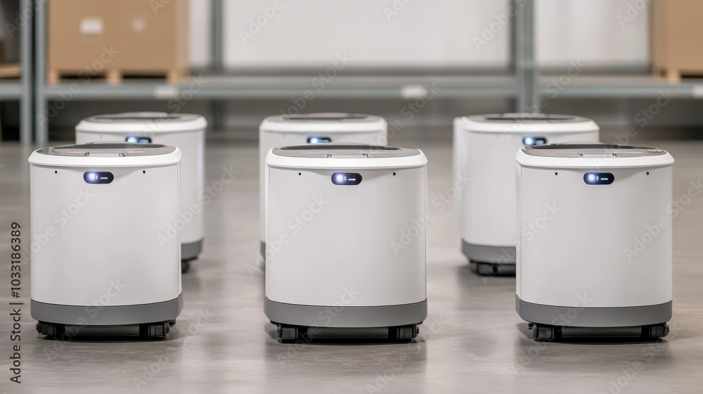 A group of six white autonomous delivery robots in a warehouse setting, designed for logistics and transportation tasks. A group of six white autonomous delivery robots in a warehouse setting, designed for logistics and transportation tasks.