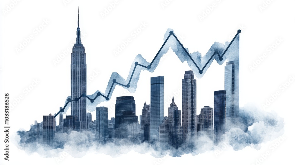 Fototapeta premium A stylized skyline with an upward trend line, symbolizing economic growth and success, featuring iconic skyscrapers.