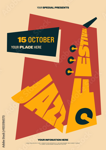 Jazz music festival poster template design background. Text made in shape of a saxophone minimal style