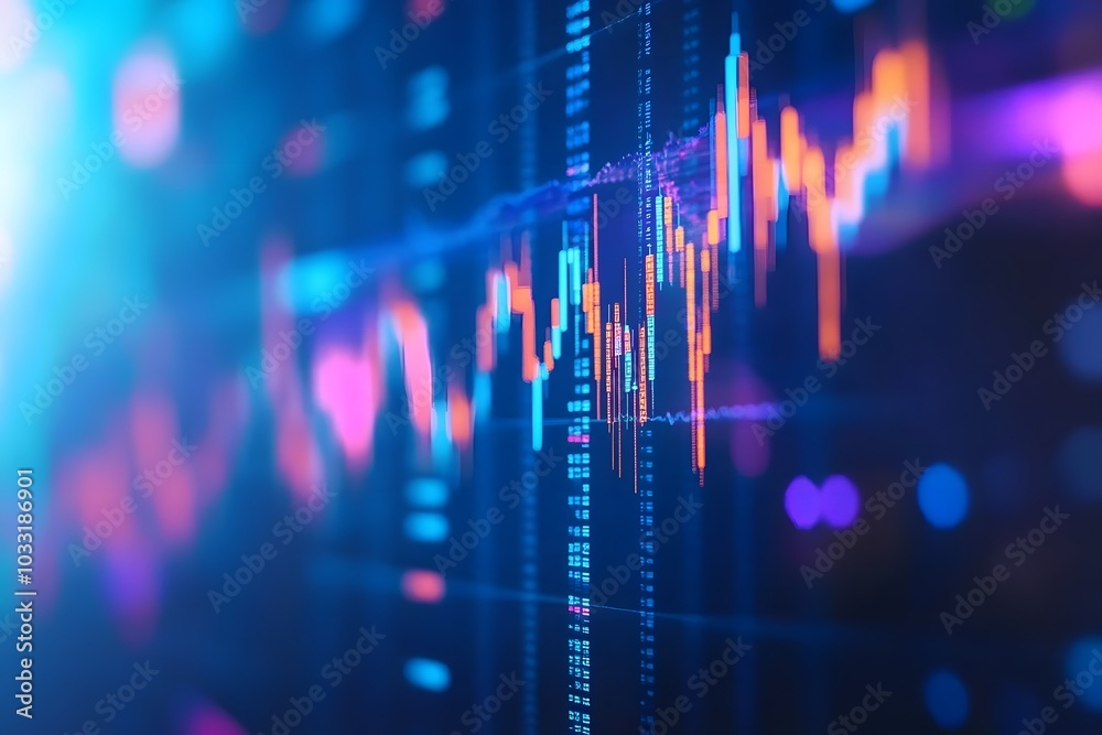 A stock market graph with rising candlestick charts, representing an uptrending financial dashboard background. A stock market graph with rising candlestick charts, representing an uptrending financial dashboard background.