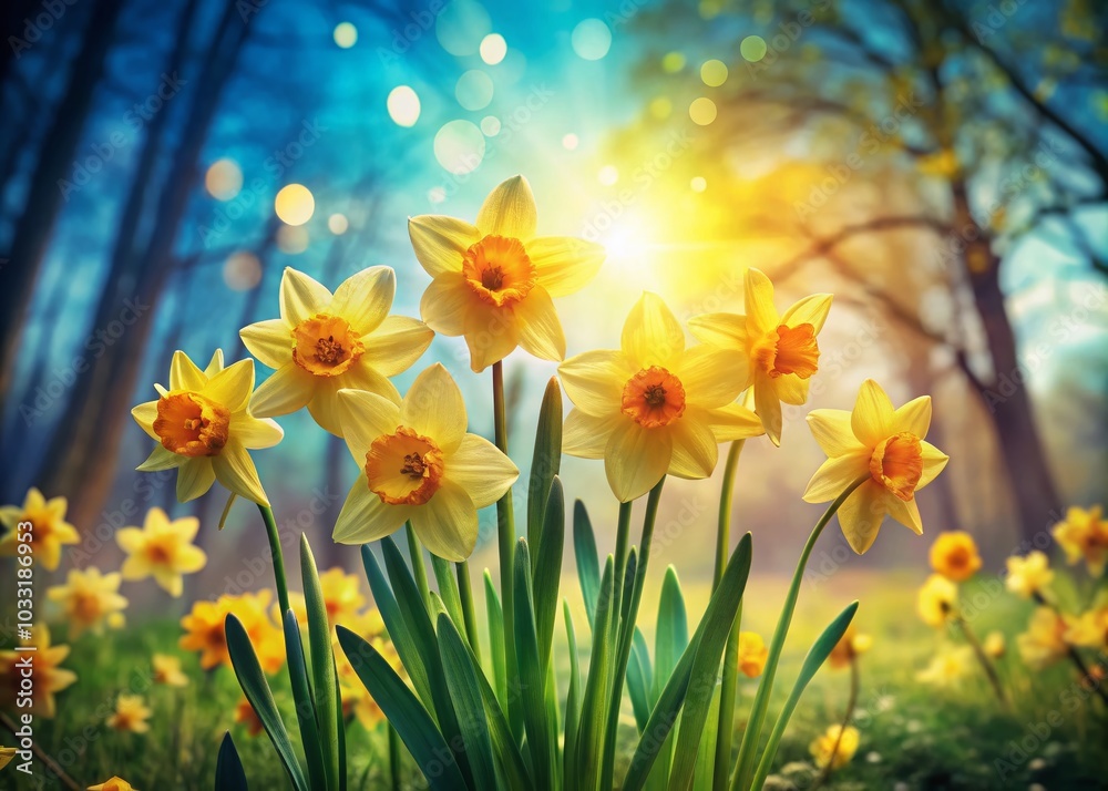 Obraz premium Vintage Spring Daffodils Against a Bright Blue Sky in a Woodland Setting