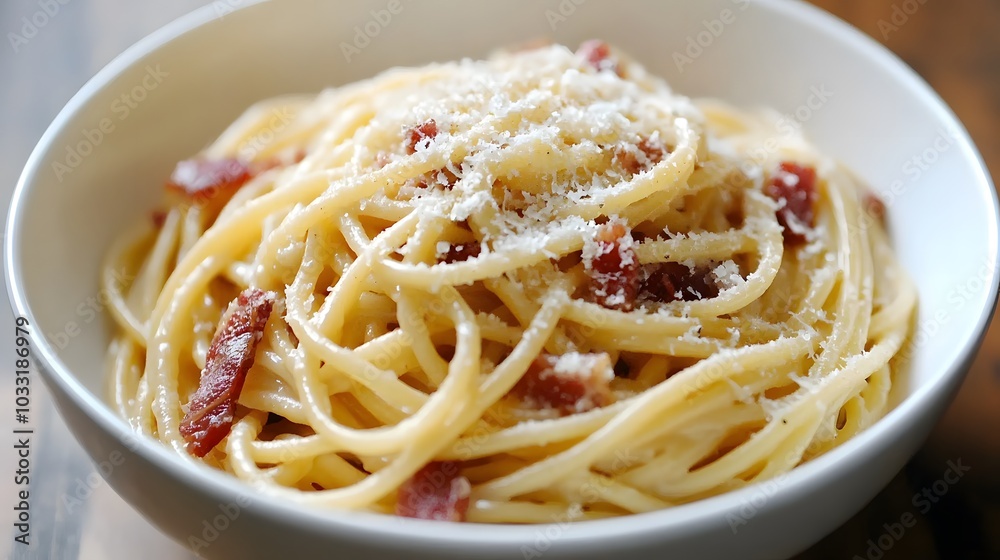 A bowl of Italian spaghetti carbonara, with crispy pancetta and a sprinkle of Parmesan cheese. A bowl of Italian spaghetti carbonara, with crispy pancetta and a sprinkle of Parmesan cheese.
