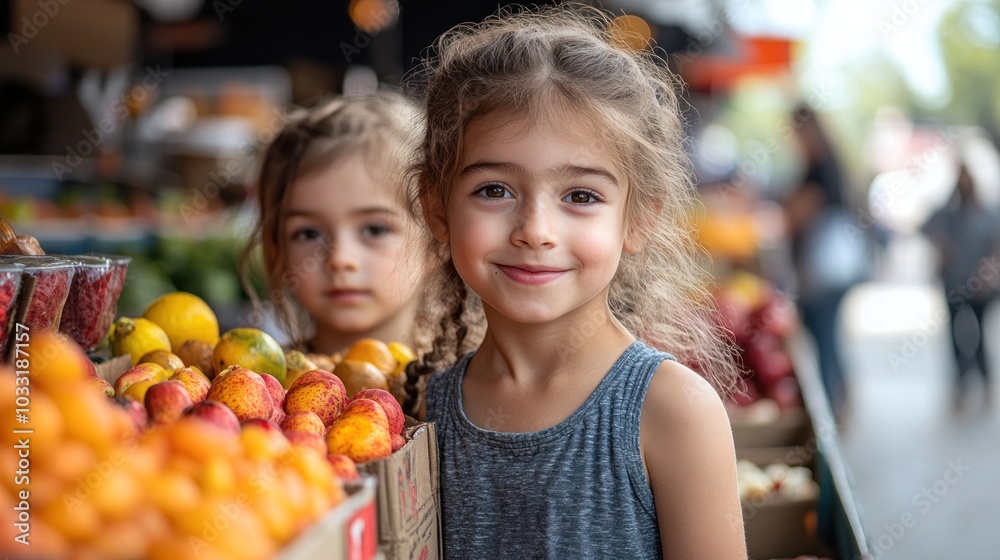 Two children smiling at a fruit market surrounded by colorful produce. Two children smiling at a fruit market surrounded by colorful produce.