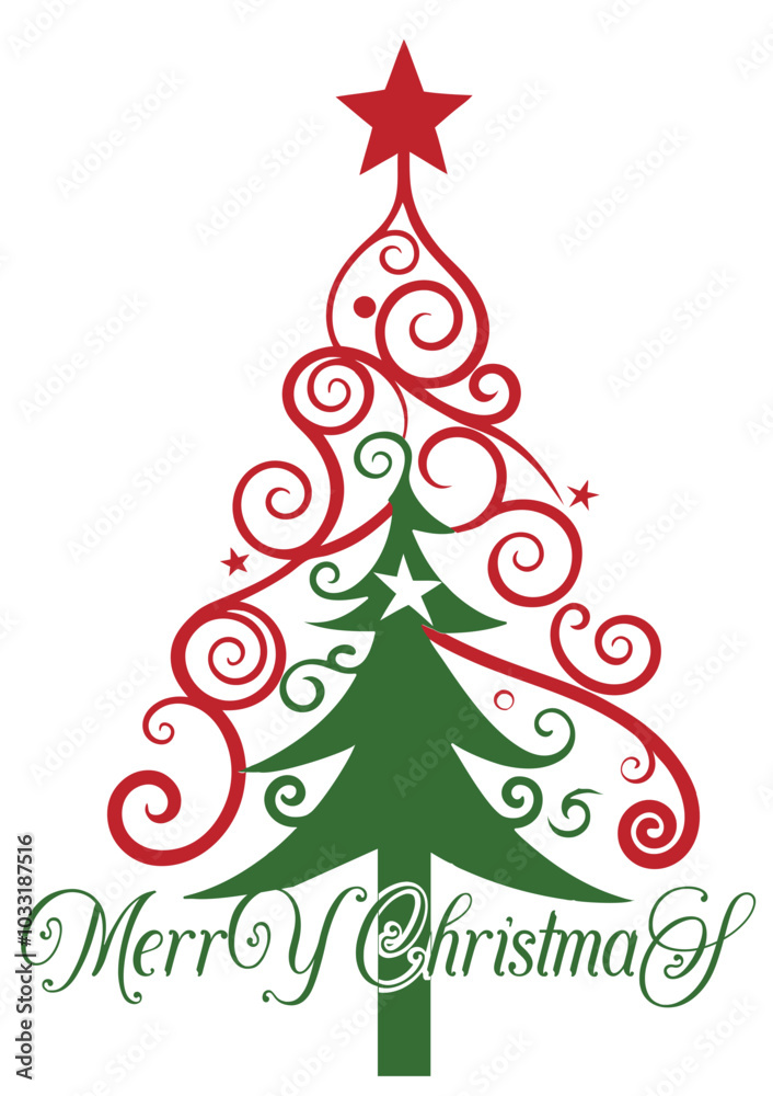 Whimsical Christmas Tree Collection with Elegant Swirls and Merry Christmas Text Whimsical Christmas Tree Collection with Elegant Swirls and Merry Christmas Text