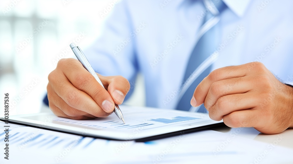 Strategic Planning: Close-up of businessman's hands meticulously reviewing financial charts and signing documents, emphasizing precision and detail in business decision-making.