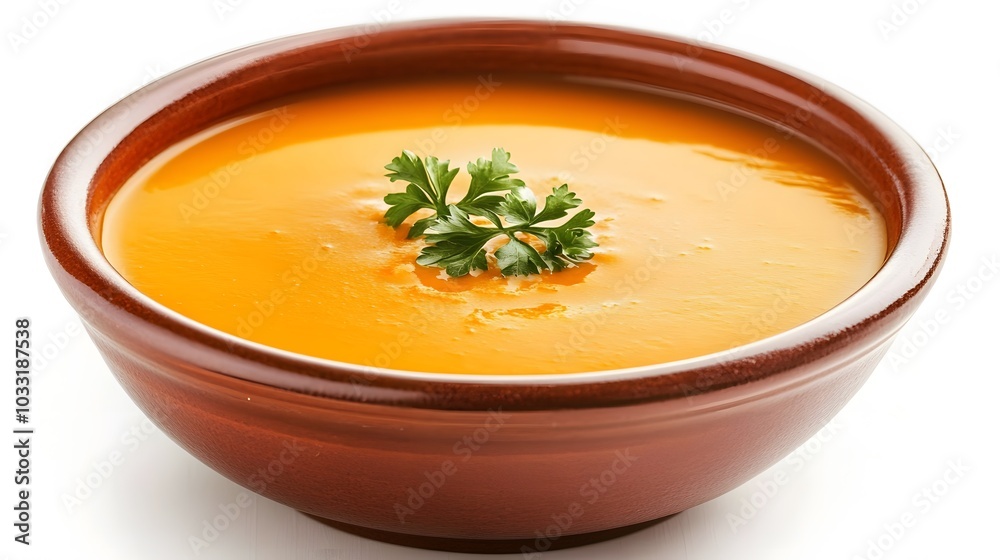 Delicious pumpkin cream soup in bowl on white background. Delicious pumpkin cream soup in bowl on white background.