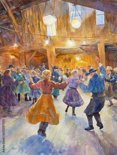 A watercolor painting of a lively square dance, with soft, blended colors conveying the warmth of lantern light and the rustic wooden