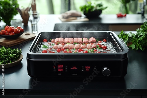 A modern cooking appliance steaming salmon and cherry tomatoes, showcasing culinary preparation. photo