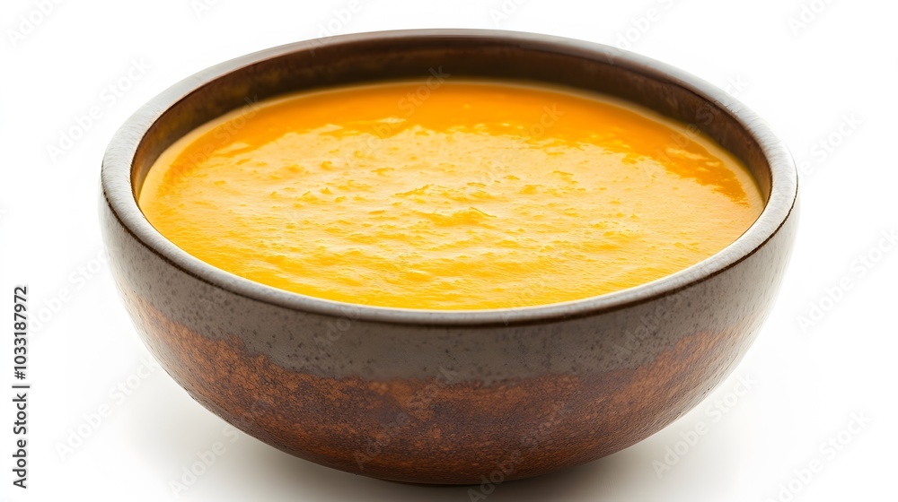Delicious pumpkin cream soup in bowl on white background. Delicious pumpkin cream soup in bowl on white background.