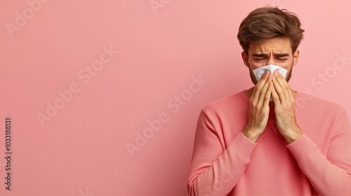 Man with tissue covering nose, wearing a pink sweater, appearing to sneeze or have a cold, set against a soft pink background, representing seasonal allergies, cold, and flu themes photo