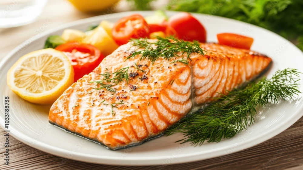 A gourmet plate of grilled salmon with vegetables, garnished with fresh dill and lemon, presented in a fine dining atmosphere. A gourmet plate of grilled salmon with vegetables, garnished with fresh dill and lemon, presented in a fine dining atmosphere.