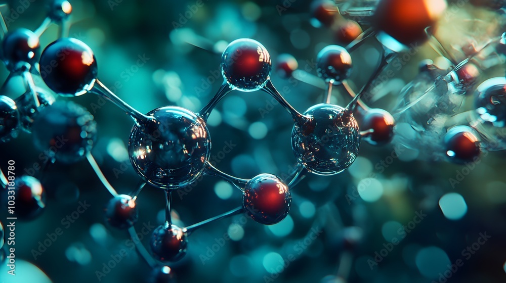 Close-up of a Molecular Structure with Red and Blue Spheres Connected by Thin Rods Close-up of a Molecular Structure with Red and Blue Spheres Connected by Thin Rods
