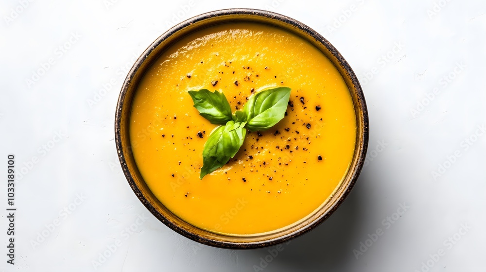 Delicious pumpkin cream soup in bowl on white background. Delicious pumpkin cream soup in bowl on white background.