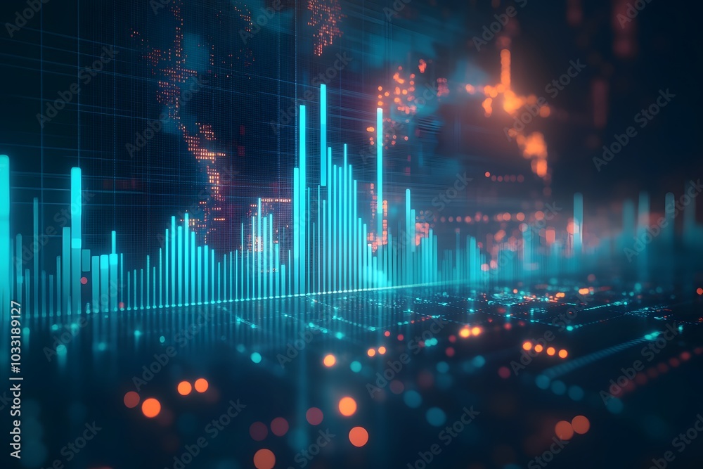 A stock market graph with upward-trending lines and bar charts on a dark background, with blue glowing elements and light accents on the world map in the foreground. A stock market graph with upward-trending lines and bar charts on a dark background, with blue glowing elements and light accents on the world map in the foreground.