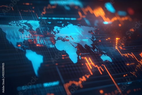 A stock market graph with upward-trending lines and bar charts on a dark background, with blue glowing elements and light accents on the world map in the foreground. 