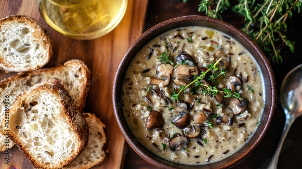 A hearty bowl of creamy wild rice soup filled with mushrooms, garnished with fresh herbs, served on a wooden table. A hearty bowl of creamy wild rice soup filled with mushrooms, garnished with fresh herbs, served on a wooden table.