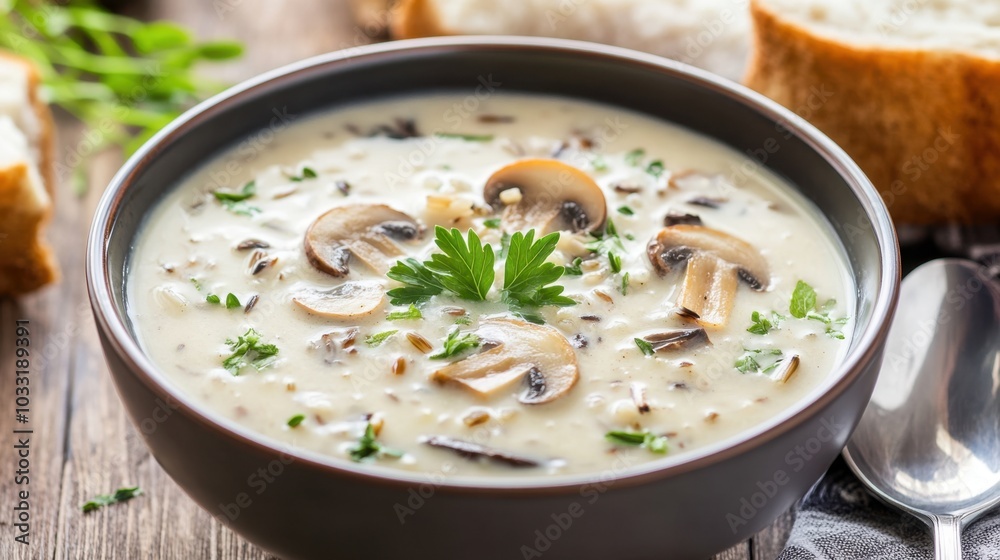 A hearty bowl of creamy wild rice soup filled with mushrooms, garnished with fresh herbs, served on a wooden table. A hearty bowl of creamy wild rice soup filled with mushrooms, garnished with fresh herbs, served on a wooden table.