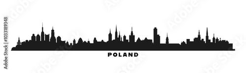 Poland country skyline with cities panorama. Vector flat banner, logo. Warsaw, Krakow, Lodz, Bydgoszcz silhouette for footer, steamer, header. Isolated graphic