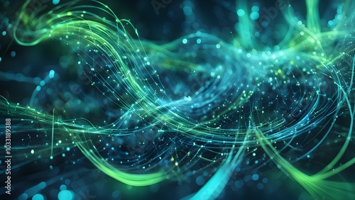 Abstract digital waves with glowing particles in shades of blue and green.