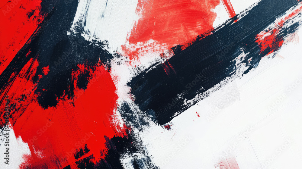 Bold abstract painting with dynamic red, black and white brushstrokes on textured canvas Bold abstract painting with dynamic red, black and white brushstrokes on textured canvas