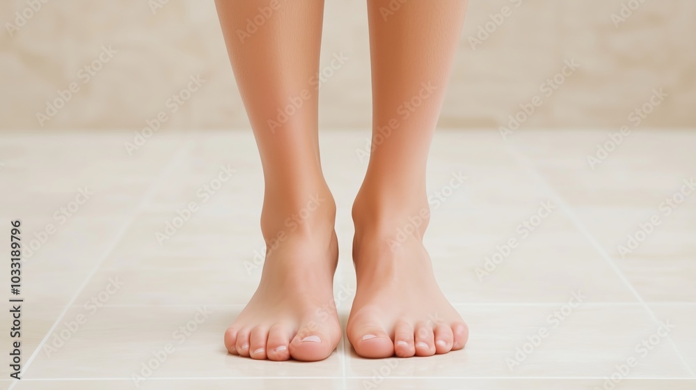 A close-up of bare feet standing on clean, shiny tiles, representing foot care, hygiene, or a spa-like setting with smooth, well-groomed skin A close-up of bare feet standing on clean, shiny tiles, representing foot care, hygiene, or a spa-like setting with smooth, well-groomed skin
