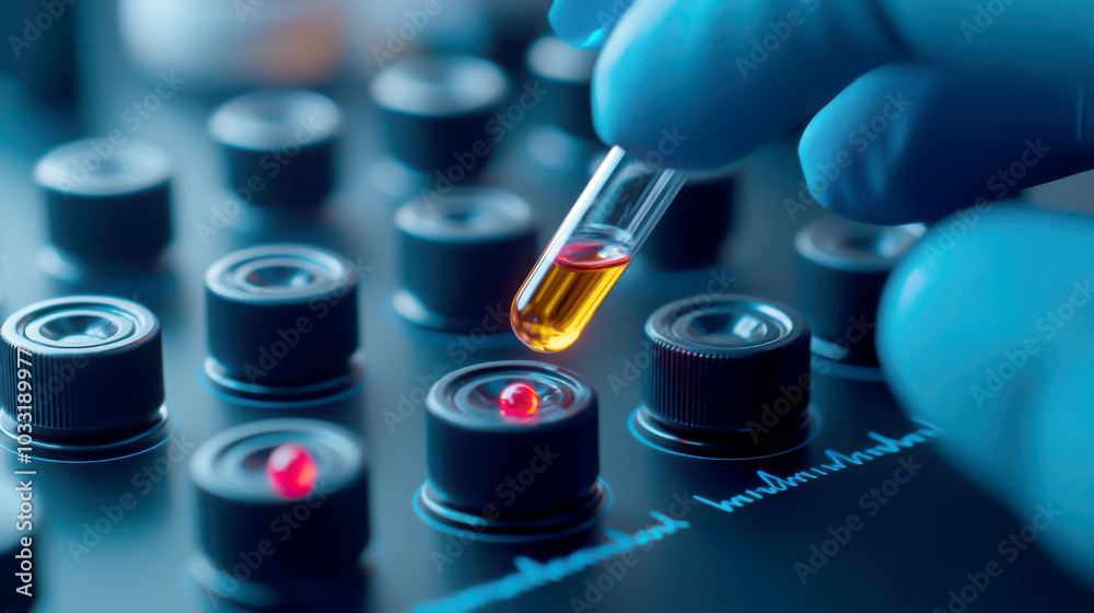 A scientist drops a sample into a laboratory device, showcasing modern research and technology in a close-up view. A scientist drops a sample into a laboratory device, showcasing modern research and technology in a close-up view.