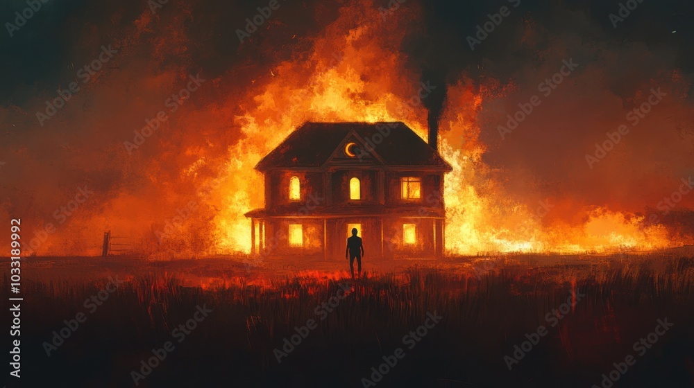 A lone figure stands in front of a burning house, their hollow eyes reflecting the raging flames, smoke rising into the night sky. Copy space for text. A lone figure stands in front of a burning house, their hollow eyes reflecting the raging flames, smoke rising into the night sky. Copy space for text.