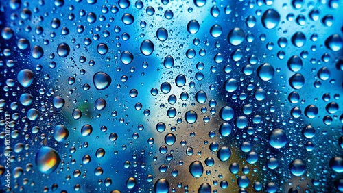 Water Drops on Glass Window with Blue Background for Urban Exploration Photography