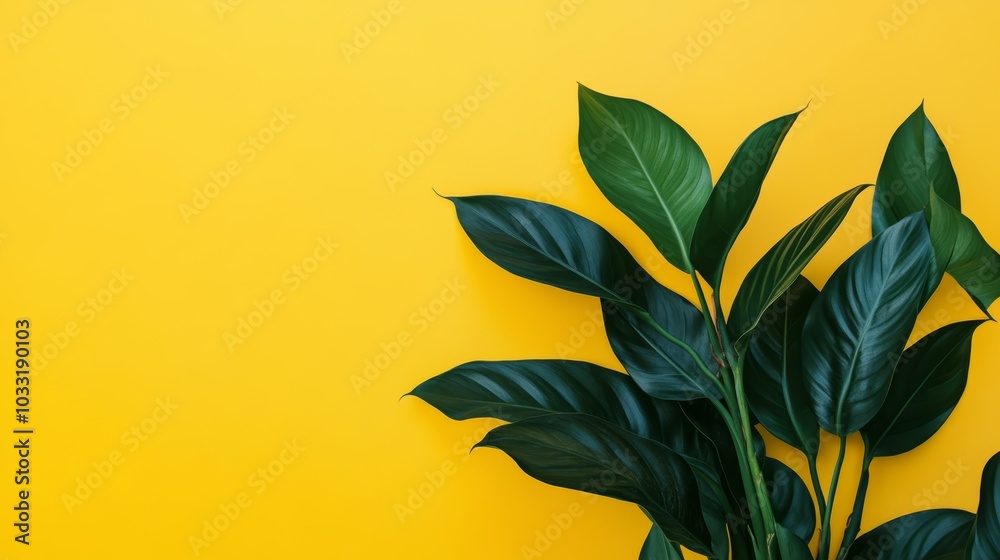 Vibrant green plant on yellow, a study in color and minimalism Vibrant green plant on yellow, a study in color and minimalism