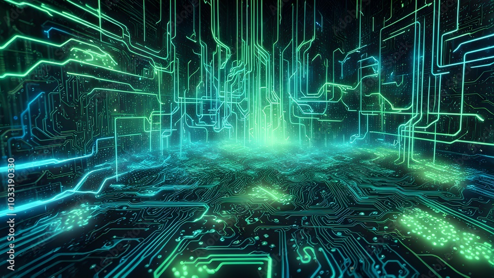 Fototapeta premium A futuristic digital landscape with glowing circuits and vibrant colors.