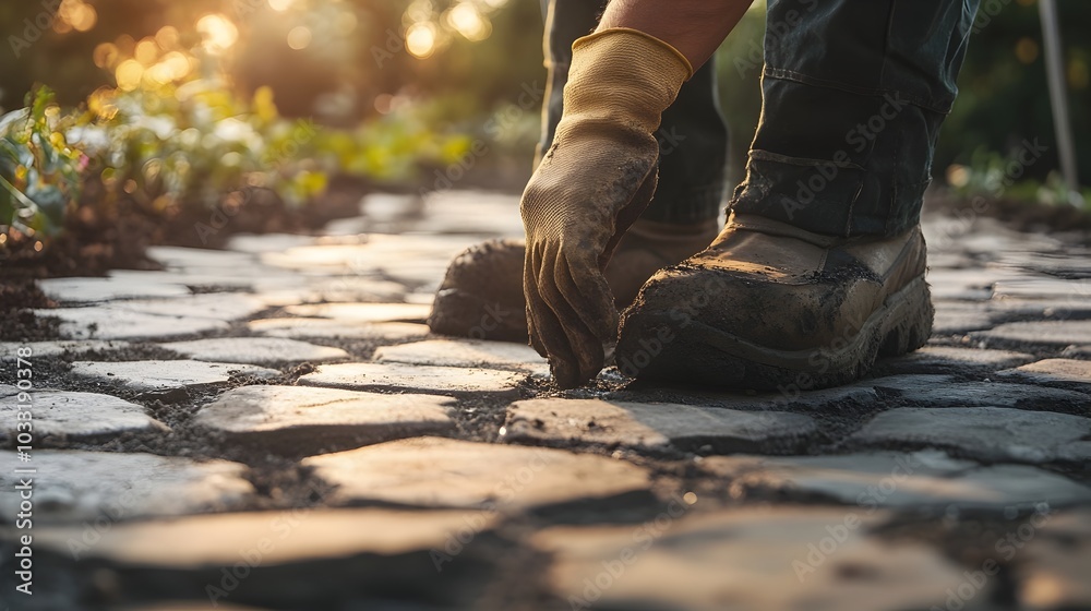 Worker in the Garden Paving a Pathway with Tiles Worker in the Garden Paving a Pathway with Tiles