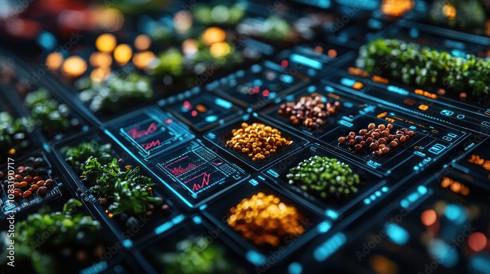 Obraz premium A futuristic display of various seeds and plants with data analytics.