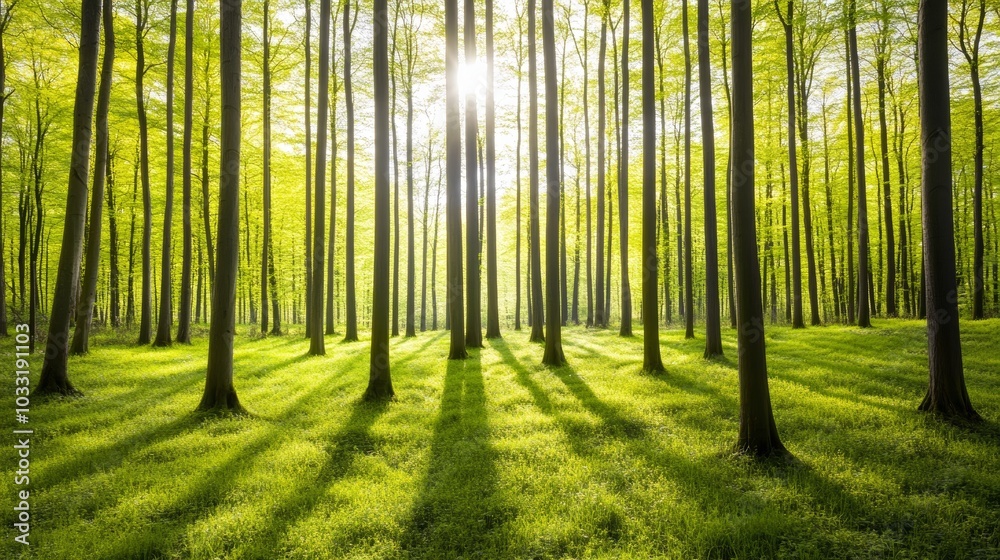 Fototapeta premium Serene forest landscape with lush green grass and majestic trees