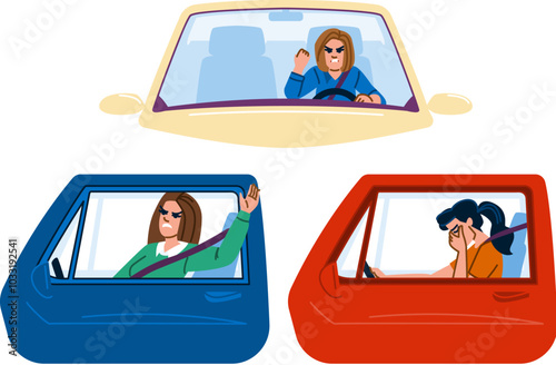 commute stress traffic road woman vector. journey tension, gridlock highway, intersection pressure commute stress traffic road woman character. people flat cartoon illustration