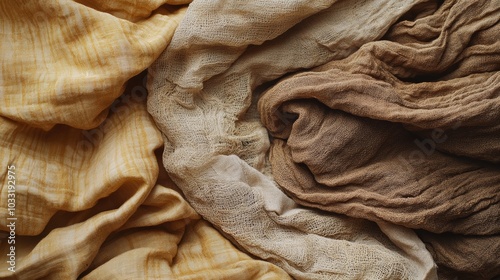 Pile of vintage textiles, exploring textures, patterns, and the beauty of aged fabrics photo