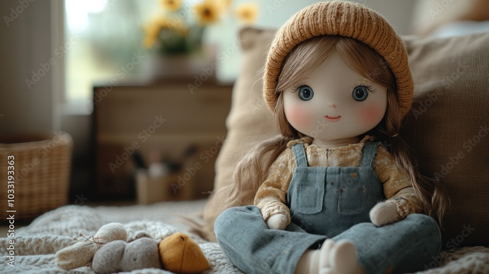 A charming doll sitting on a cozy blanket with soft toys nearby, exuding warmth and comfort. A charming doll sitting on a cozy blanket with soft toys nearby, exuding warmth and comfort.
