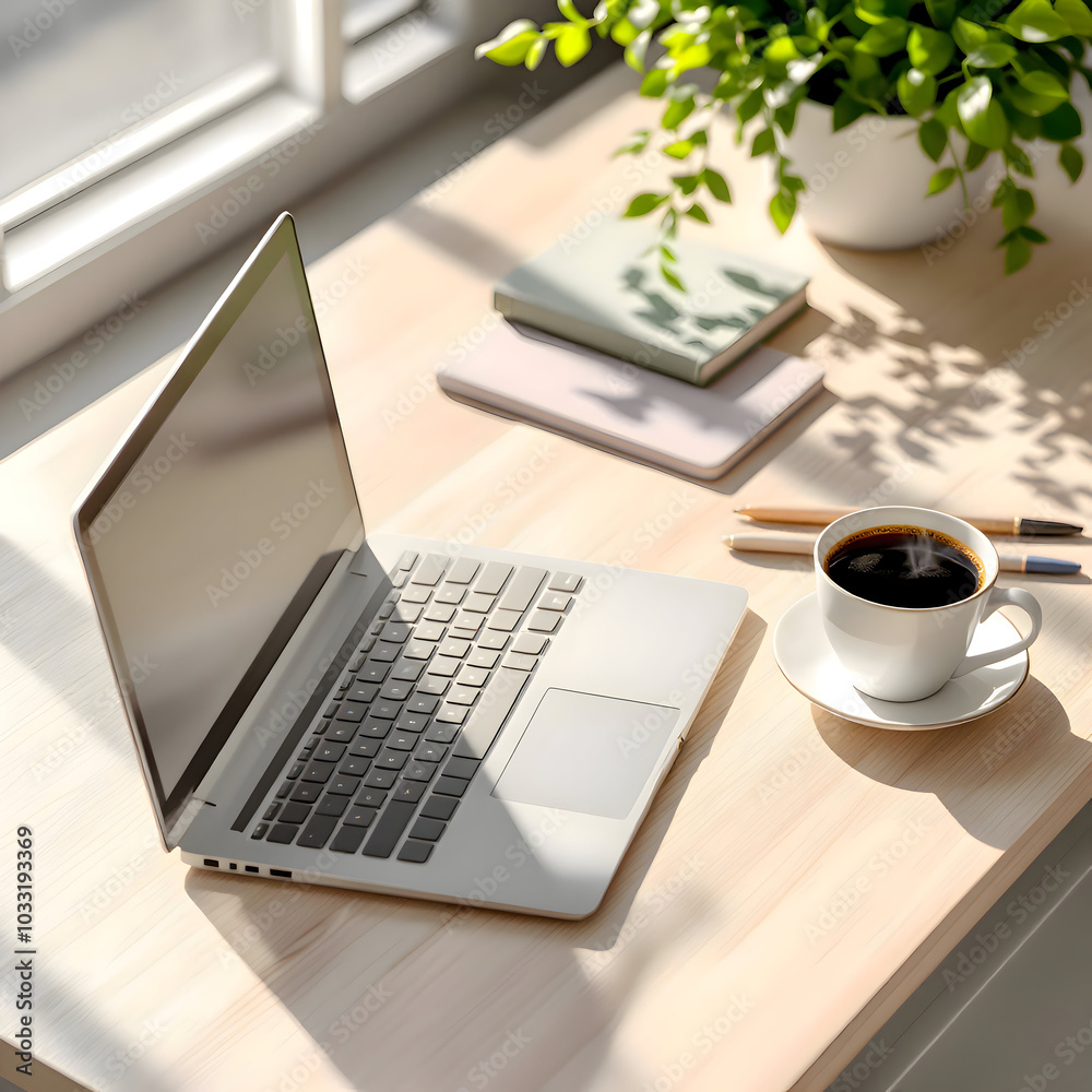 Minimalist Workspace with Laptop, Coffee, and Stationery – Clean Office Scene for Productivity Minimalist Workspace with Laptop, Coffee, and Stationery – Clean Office Scene for Productivity