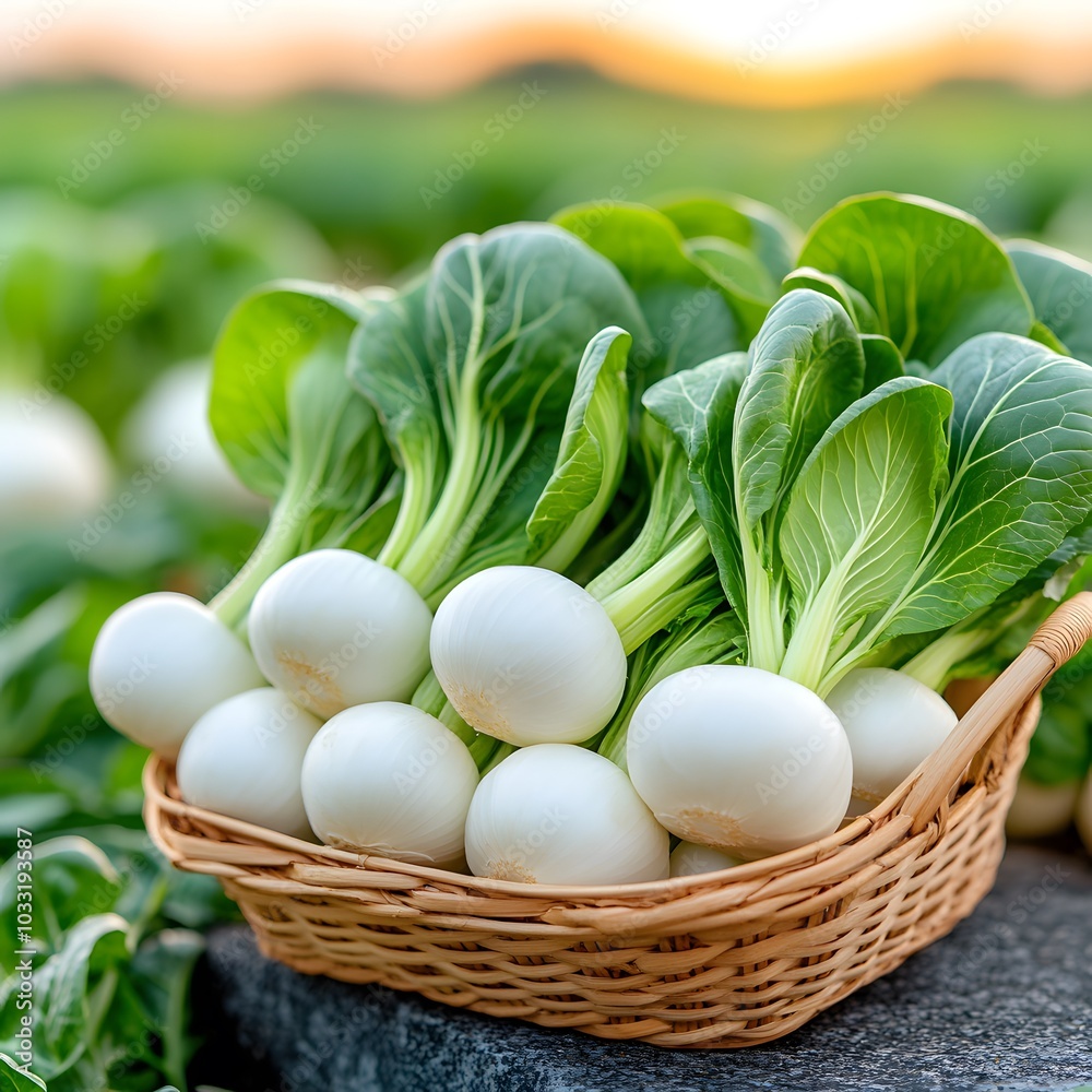 Fresh bulked vegetables in a basket, featuring green leaves and white round bulbs, set against a blurred farm backdrop at sunset. Fresh bulked vegetables in a basket, featuring green leaves and white round bulbs, set against a blurred farm backdrop at sunset.