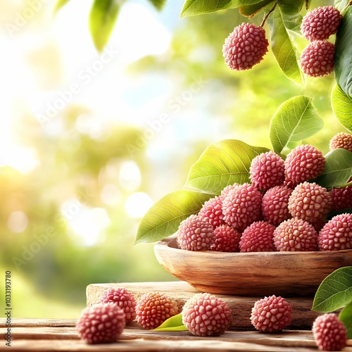A vibrant display of fresh lychees in a wooden bowl, surrounded by lush green leaves, set against a soft, natural background.