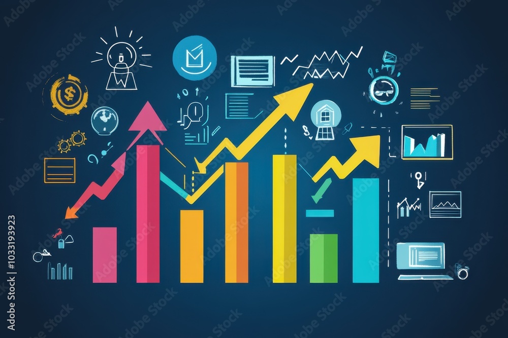 An infographic depicting a growing bar chart with arrows and icons, symbolizing business growth and success, with ample blank space for commercial text or branding purposes. An infographic depicting a growing bar chart with arrows and icons, symbolizing business growth and success, with ample blank space for commercial text or branding purposes.