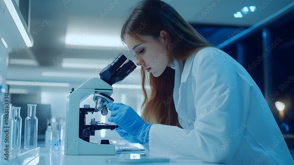 Female Scientist Looking Through a Microscope in a Laboratory