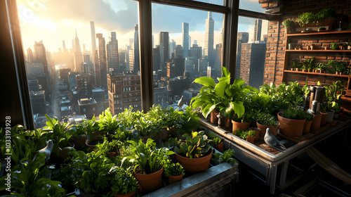 Grüne Oase über der Stadt: Urbane Gärten mit atemberaubendem Skyline-Blick photo