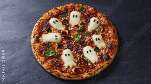 Halloween Themed Pizza with Ghostly Toppings photo