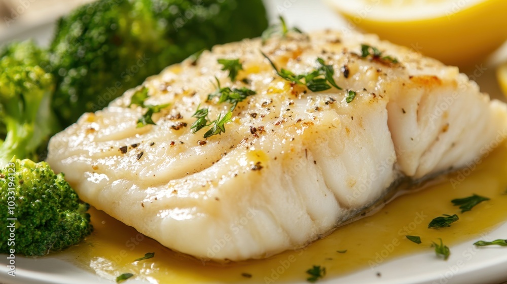 Baked cod with a side of fresh steamed broccoli and lemon butter sauce, garnished with herbs. Copy space for food description. Baked cod with a side of fresh steamed broccoli and lemon butter sauce, garnished with herbs. Copy space for food description.